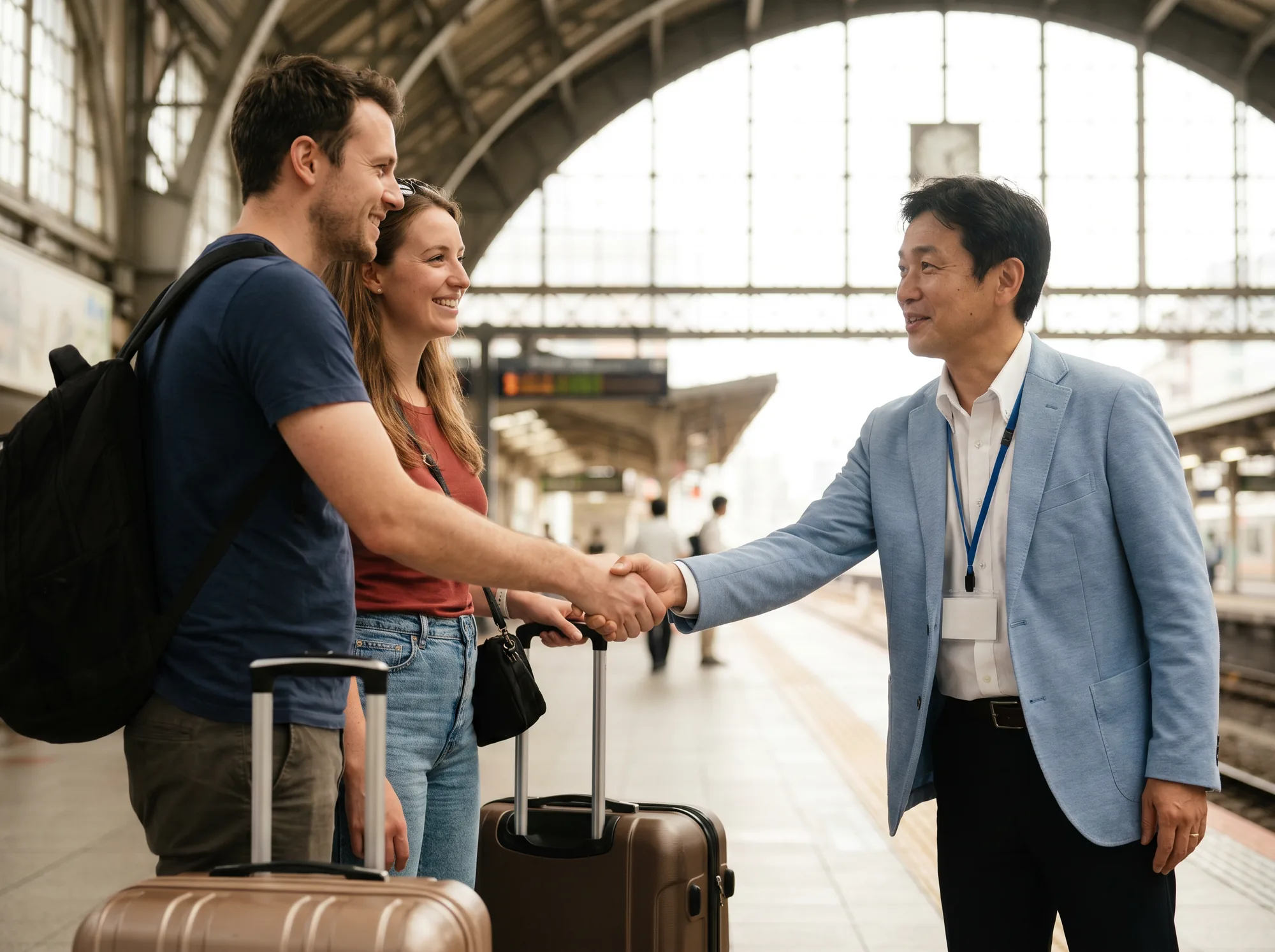 A senior Japanese guide warmly greeting an arriving foreign couple