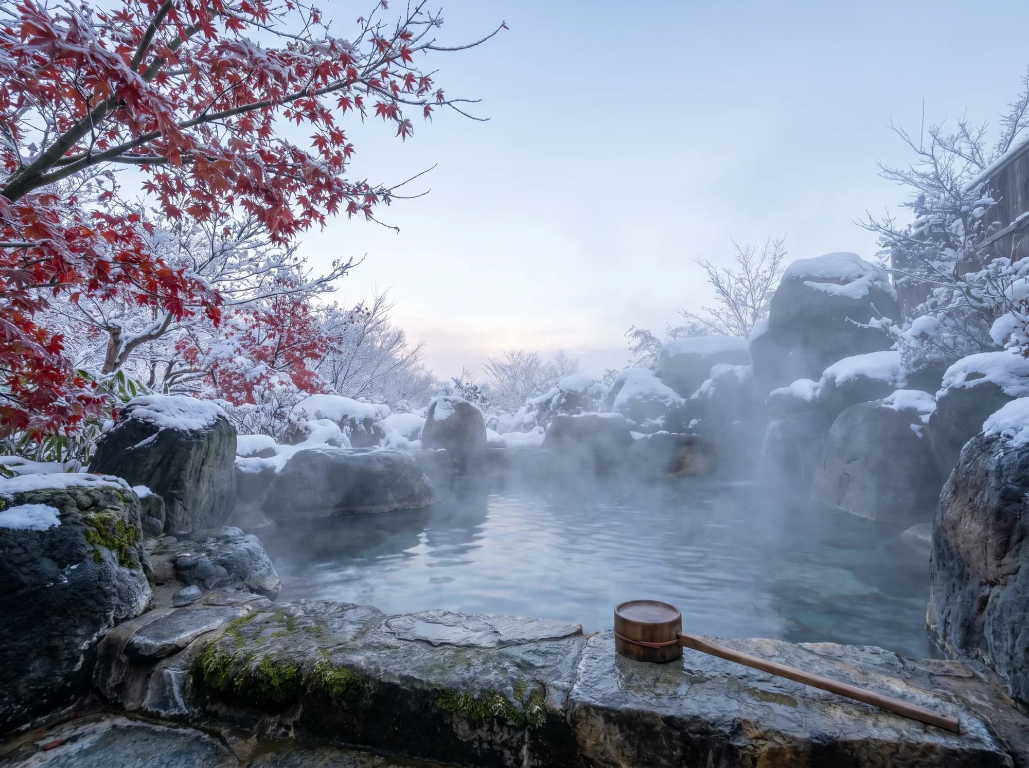 A snowy outdoor onsen surrounded by red maple trees