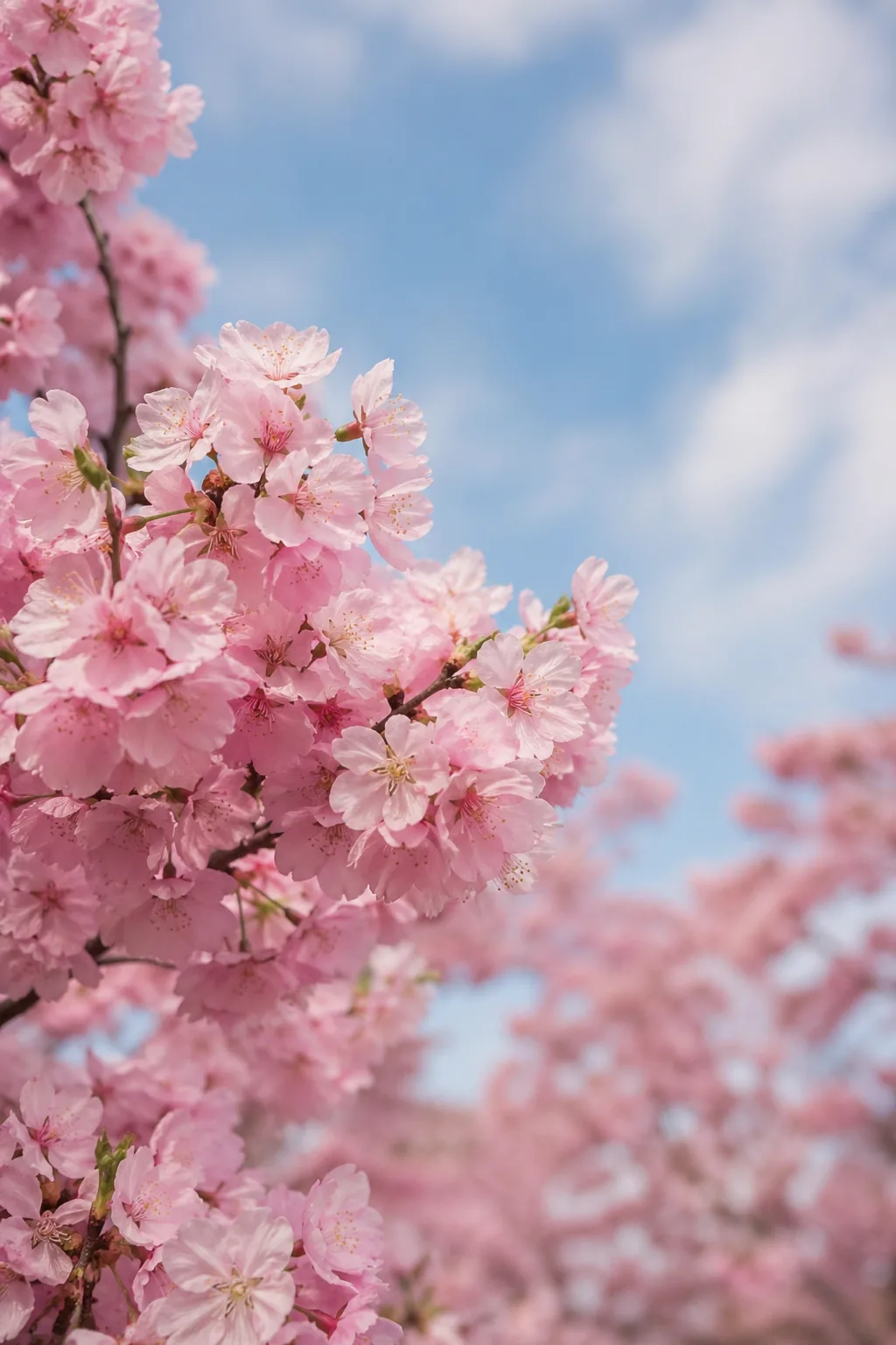 Cherry blossoms in full bloom against a soft sky
