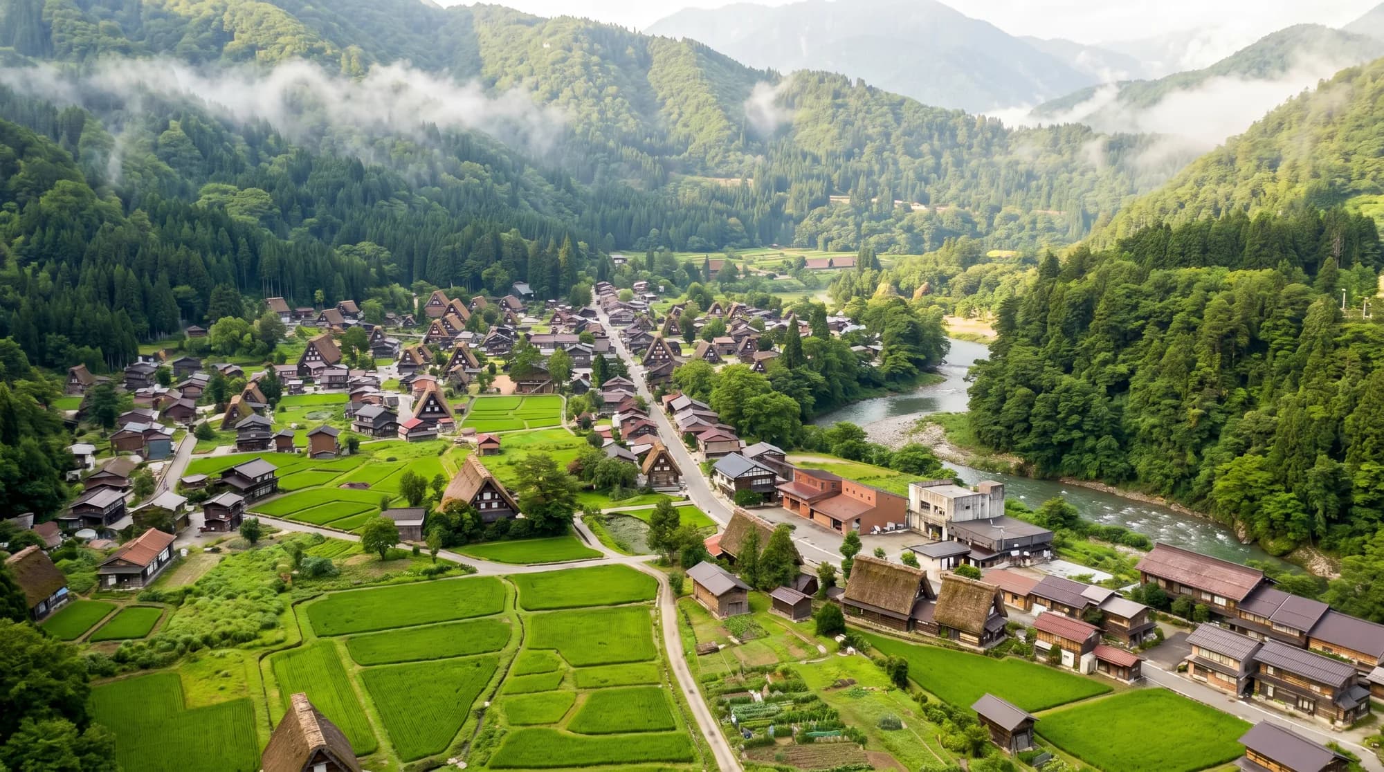 Shirakawa-go traditional thatched village in misty mountains