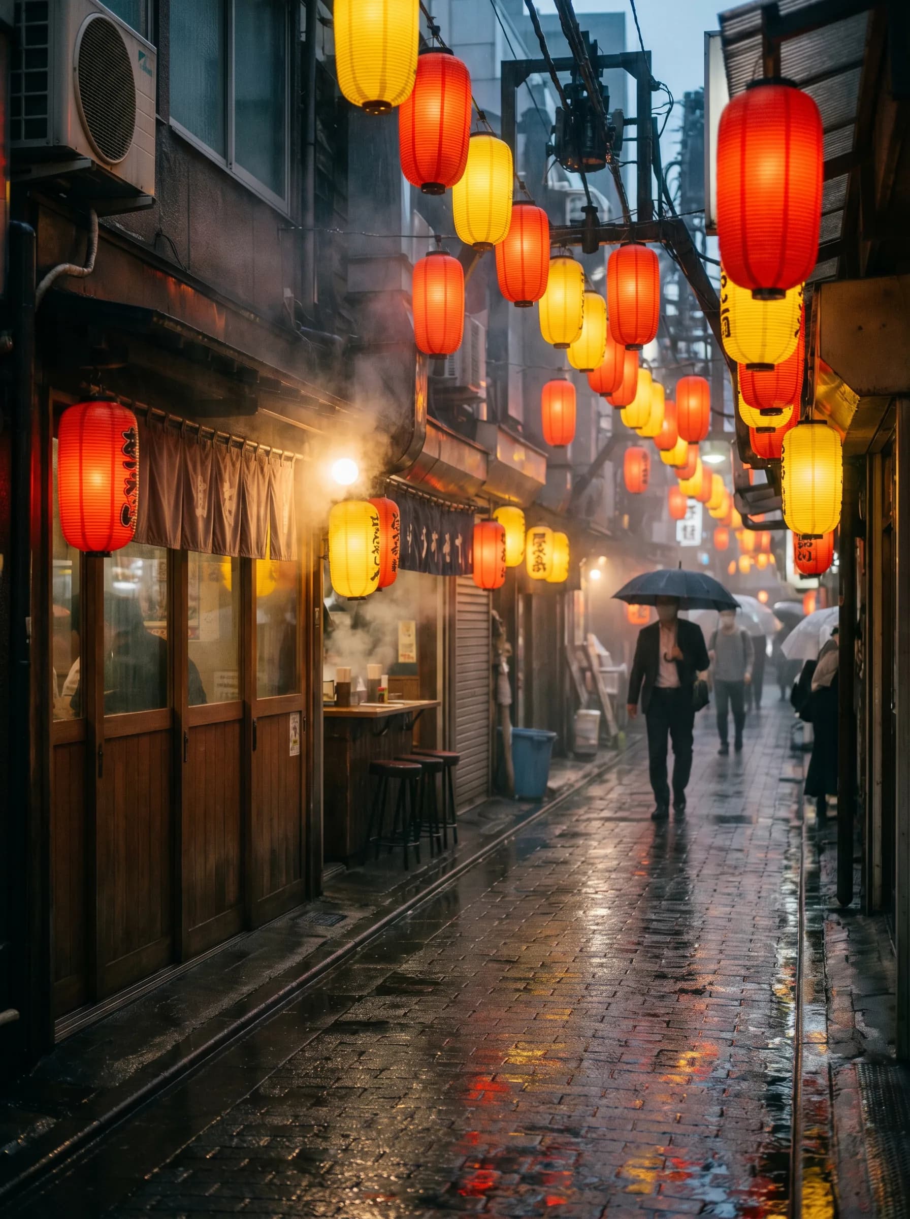 A lantern-lit alley in Tokyo at dusk