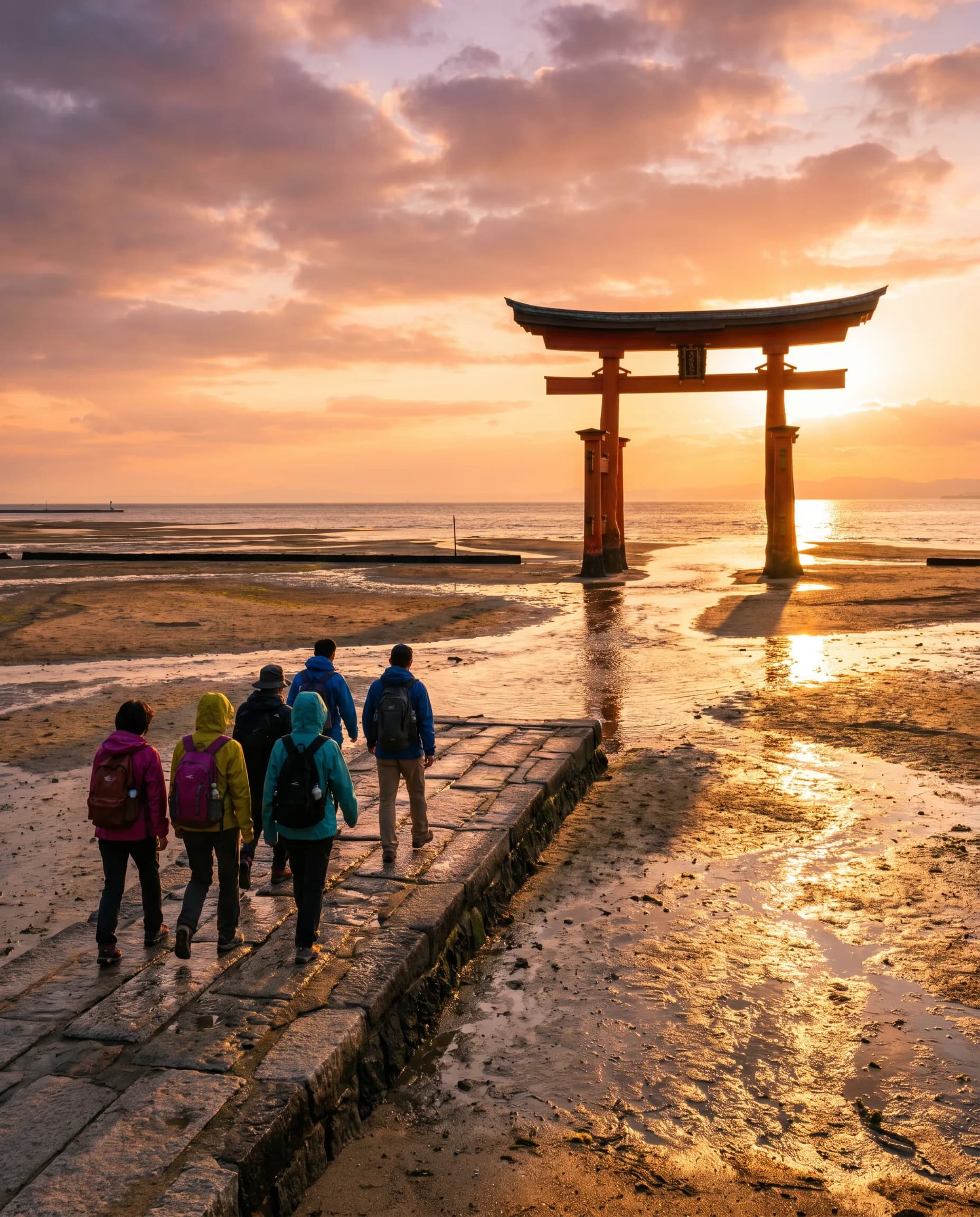 A small group of travelers walking toward the floating torii of Itsukushima at sunset
